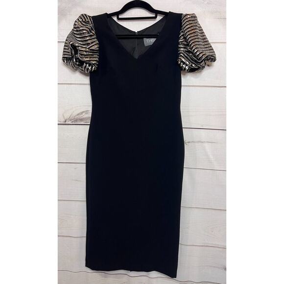 Theia Dress Black With Gold Silver Sequins Poof Short Sleeves Size 4 - Picture 1 of 7